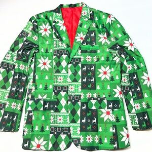 Men's Christmas Blazer Ugly X-Mas Holiday Print Outfit Suit Jacket size M